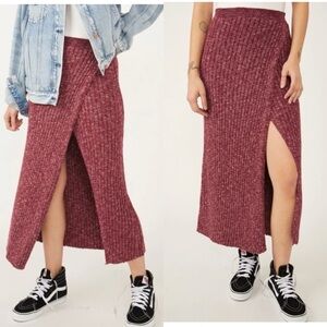 Free People Better Days Ribbed Knit Midi Skirt w/ Slit in Wine Combo Sz XL